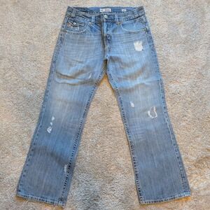 MEK Denim New York Boot Cut Jeans Mens 36x34 Light Wash Distressed Button Fly